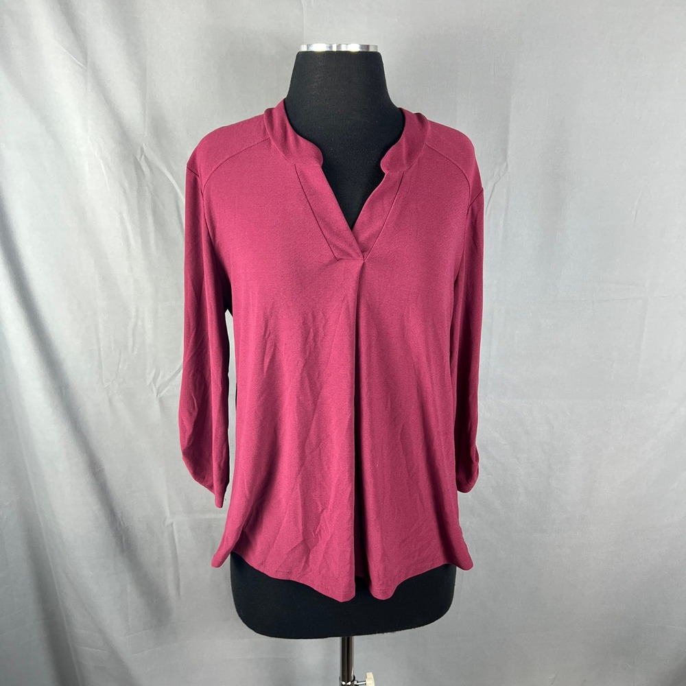 Diana Belle Blouse Top Womens Large Burgundy Stretch Split Neck Quarter Sleeve